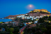 Evening view over Lindos town, Lindos, Rhodes Island, Greek Islands