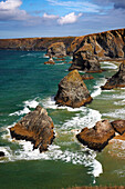 Coastline scenery with rocks in sea, Bedruthan Steps, Cornwall, UK, England