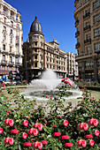 Gran Via, Plaza Callao with fountain, Madrid, Spain