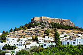 Lindos town and hilltop acropolis, Lindos, Rhodes Island, Greek Islands