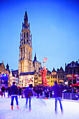 Grote Markt, cathedral and ice rink, Antwerp, Flanders, Belgium