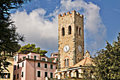 Village scene with clocktower, Monterosso al Mare, Liguria, Italy