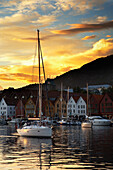 Harbour at Bryggen at sunset, Bergen, Hordaland, Norway