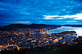 Overview of city at dusk, Bergen, Hordaland, Norway