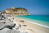 Beach scene and Santa Maria dell Isola, Tropea, Calabria, Italy