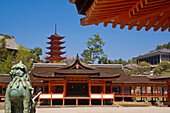 View of five storey pagoda from Itsukushima shrine, Miyajima Island, Japan