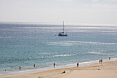 People on the beach in the sunlight, Playa del Matorral, Playa de Jandia, Morro Jable, Jandia peninsula, Fuerteventura, Canary Islands, Spain, Europe