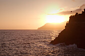 Sunset, view from hiking trail near Manarola to Punta Mesco near Monterosso al Mare, Cinque Terre, La Spezia, Liguria, Italian Riviera, Italy, Europe