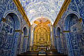 Interior view of church, Igreja Sao Lourenco, blue tiles and golden altar, chapel, Almancil, Algarve, Portugal