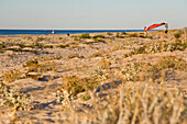 Zwei Personen bauen rotes Zelt ab, Morgenlicht, Campen am Strand. Strand auf der Insel Ilha de Tavira, Tavira, Algarve, Portugal
