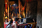 Pilgrims in the main temple on cambodian side, Prasat Khao Phra Wihan resp. Preah Vihar, cambodian name, historical site disputed between Thailand and Cambodia, Asia