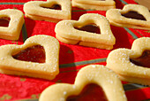 Christmas cookies raspberry hearts covered with sugar