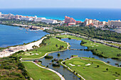 Aerial view of the Hilton Cancun Spa Resort in the Zona Hotelera, Cancun, State of Quintana Roo, Peninsula Yucatan, Mexico