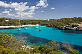 Bay Cala Mondragó with sailing yachts, beach Caló d'en Garrot, Mallorca, Balearic Islands, Mediterranean Sea, Spain, Europe