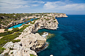 View at cliffs under clouded sky, Mallorca, Balearic Islands, Mediterranean Sea, Spain, Europe