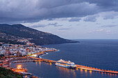 Cruise ship, Crucero Aida, in the harbour Santa Cruz de la Palma at dusk, UNESCO Biosphere Reserve, La Palma, Canary Islands, Spain, Europe