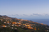Viewpoint from Ermita de San Bartolome at sunrise, La Galga, east coast and village, Los Galguitos, UNESCO Biosphere Reserve, Atlantic ocean, La Palma, Canary Islands, Spain, Europe