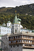 Saint Panteleimon monastery, view from the sea, octahedral belfry, Athos Peninsula, Mount Athos, Chalkidiki, Greece