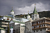 Saint Panteleimon monastery, view from the sea, octahedral belfry, Athos Peninsula, Mount Athos, Chalkidiki, Greece