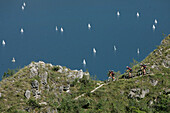 Three persons mountain biking above Lake Garda, Venetia, Italy