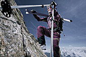 Female skier asceding, Kappl, Tyrol, Austria