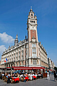 Sidewalk Cafes And Restaurants In Front Of The Belfry Of The Cci (Chamber Of Commerce And Industry), Place Du Theatre, Lille, Nord (59), France