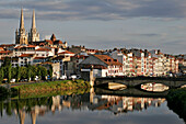 City Of Bayonne, Houses On The Quays Of The Nive And Spires Of The Sainte-Marie De Bayonne Cathedral, Grand Bayonne, Basque Country, Basque Coast, Bayonne, Pyrenees-Atlantique (64), France