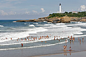 Sea Bathing, Swimming, Grande Plage Beach And Biarritz Lighthouse, Basque Country, Basque Coast, Biarritz, Pyrenees Atlantiques, (64), France