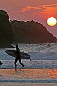 Surfers, Sunset, Grande Plage, Basque Country, Basque Coast, Pyrenees-Atlantique (64), France