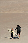 Surfing Father And His Son, Cote Des Basques Beach, Biarritz, Pyrenees Atlantiques, (64), France, Basque Country, Basque Coast