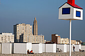 Shingle Beach And Beach Huts In Front Of Buildings By The Architect Auguste Perret, Classed As World Heritage By Unesco, Le Havre, Seine-Maritime (76), Normandy, France