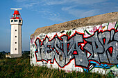 The Heve Lighthouse In Front Of The Second World War Blockhouses Covered In Graffiti, Le Havre, Seine-Maritime (76), Normandy, France