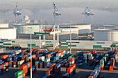 Container Storage Zone And Oil Tanks On The Terminal Of France Port 2000, Loading Gantry In The Morning Fog, Commercial Port, Le Havre, Normandy, France