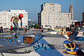 Skate Park, Mountain Bike Road Area, Skaters, Skateboard, In Front Of The Buildings By Architect Auguste Perret Listed As World Heritage By Unesco, Le Havre, Seine-Maritime (76), Normandy, France