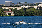 Waterskiing On Lake Geneva In Front Of The Palace Of Nations, (Uno) Geneva, Switzerland