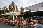 Sidewalk Cafe On The Banks Of The Spree And The Berliner Dom, The Berlin Cathedral, Museum Island, Berlin, Germany