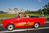Couple Touring Berlin In A Trabant, The Family Car Of The Ex-Ddr Become A Cult Symbol Of East Germany, Trabi Safari, In Front Of The German Parliament, Reichstag, German Bundestag, Berlin, Germany