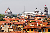 View Ofrom The Roofs Of Pisa Of The Leaning Tower (Torre Pendente), Baptistery (Battistero) And Cathedral (Duomo) On The Campo Dei Miracoli, Pisa, Tuscany, Italy