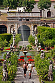 Garden In The Palazzo Pfanner With Its Statues, Its Rosebushes And Lemon Trees, Lucca, Tuscany, Italy