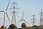 Wind Turbines And Electric Pylons For High Tension Wires, Italy, Europe