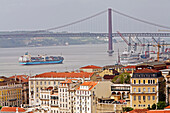 Baixa District, Container Boat On The Tagus And April 25Th Bridge, Portugal, Europe