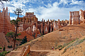 Tourist Walking Amidst The Earth Pillars In Bryce Canyon, Bryce Canyon National Park, Utah, United States, Usa
