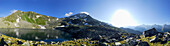 Panorama der Zillertaler Alpen am Waldnersee mit Rauchkofel, Ahrntal, Südtirol, Italien