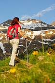 Female hiker ascending, Stubai Alps, Trentino-Alto Adige/South Tyrol, Italy