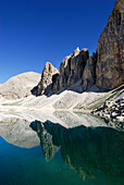 Reflection of Croda del Lago on Lago di Antermoia, Rosengarten group, Dolomites, Trentino-Alto Adige/South Tyrol, Italy