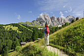 Frau wandert, Geislergruppe im Hintergrund, Dolomiten, Südtirol, Italien