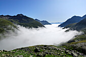View over sea of fog, Lower Engadin, Engadin, Canton of Grisons, Switzerland