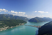 Lake Lugano with dam of Melide, Ticino, Switzerland