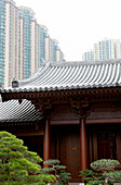 Yard of the Chi Lin nunnery with skyscrapers in the background, Kowloon, Hong Kong, China