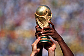 Brasilianische Gewinner halten Fussball-WM-Pokal in den Händen, WM, Sport